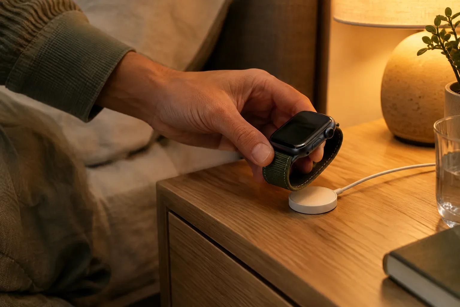 Sötét tokos, olívazöld textilszíjas Apple Watch mágneses töltőre helyezése otthoni környezetben