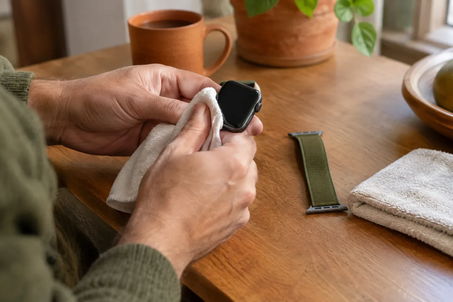 Puha kendővel tisztított Apple Watch olívazöld szövetszíjjal egy otthoni reggeli rutin közben.