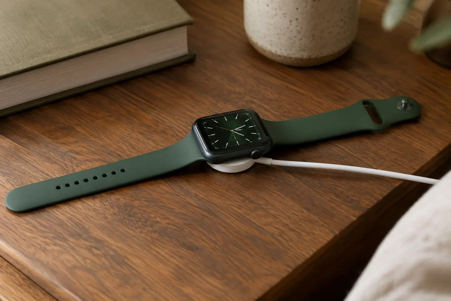 Zöld sportszíjas Apple Watch felfelé néző kijelzővel, a hátlapjához illeszkedő mágneses töltőn.