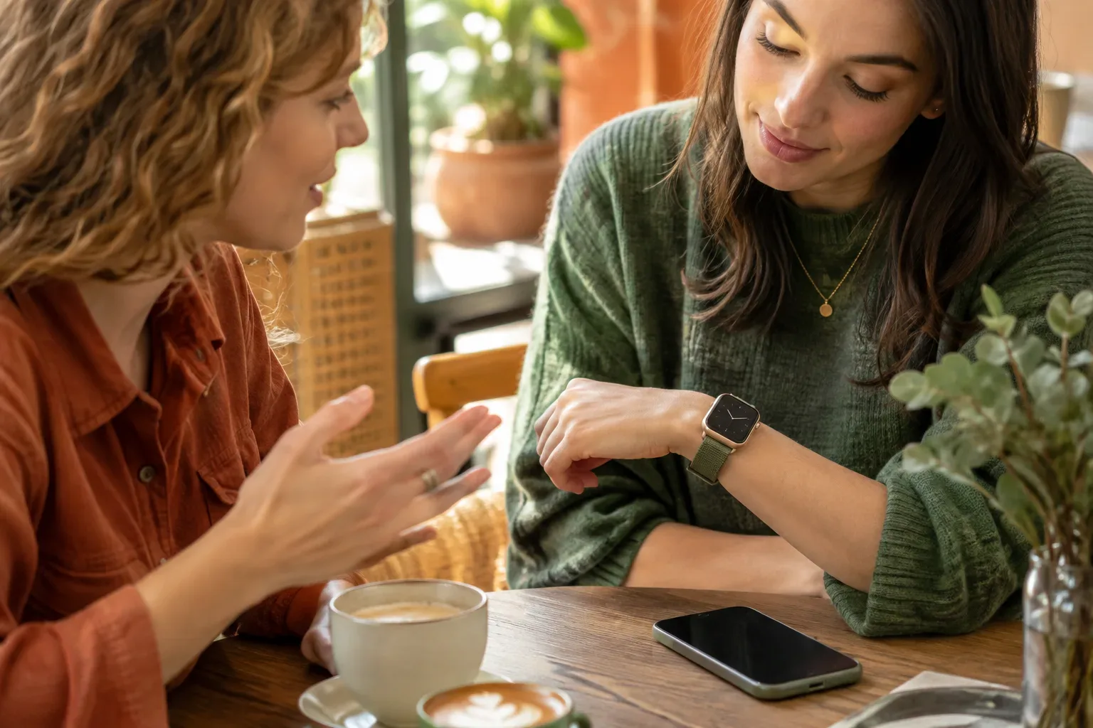 Két barát egy kávézóban Apple Watch-modellekről beszélget; az egyikük csuklóján aranyszínű tokos, olívazöld szövetszíjas óra látható.