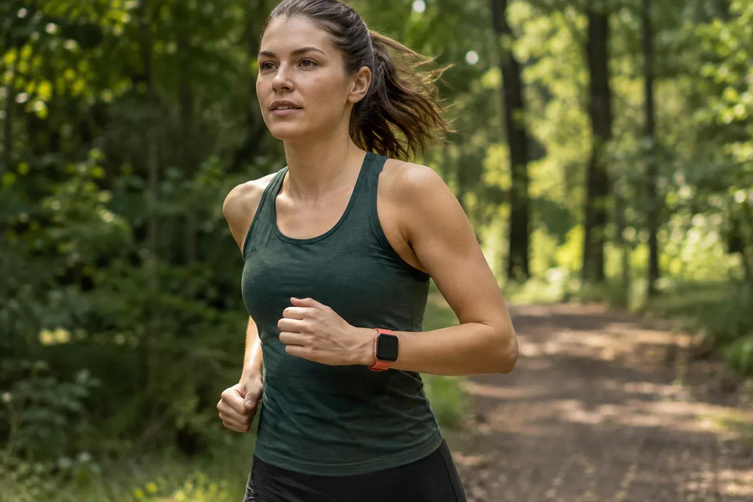 Kocogó sportoló sötét grafitszínű Apple Watchot visel terrakotta színű, biztonságosan rögzített szíjjal.