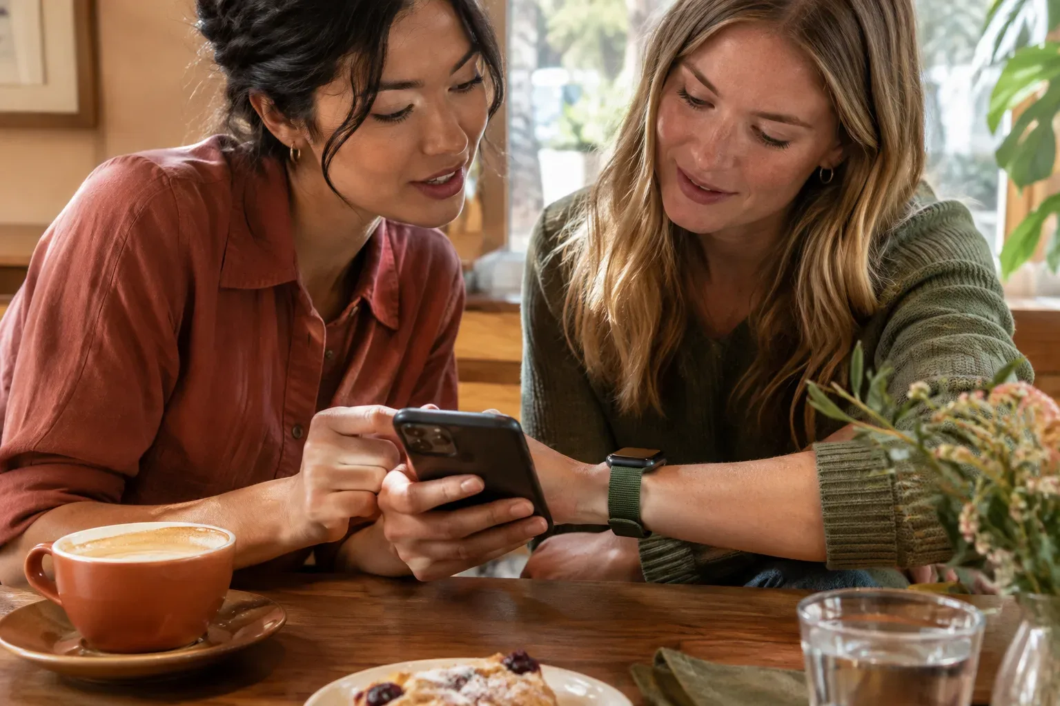 Barátok brunch közben Apple Watch-modellekről beszélgetnek; az egyik csuklóján grafitszürke tokos, olívazöld szíjas óra látható.