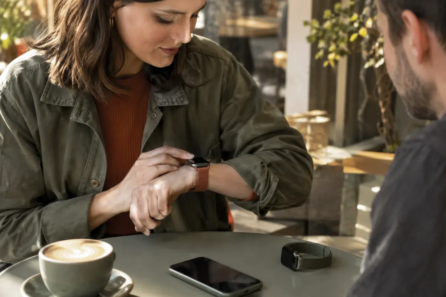 Vásárló egy használt Apple Watch állapotát ellenőrzi egy kávézóban