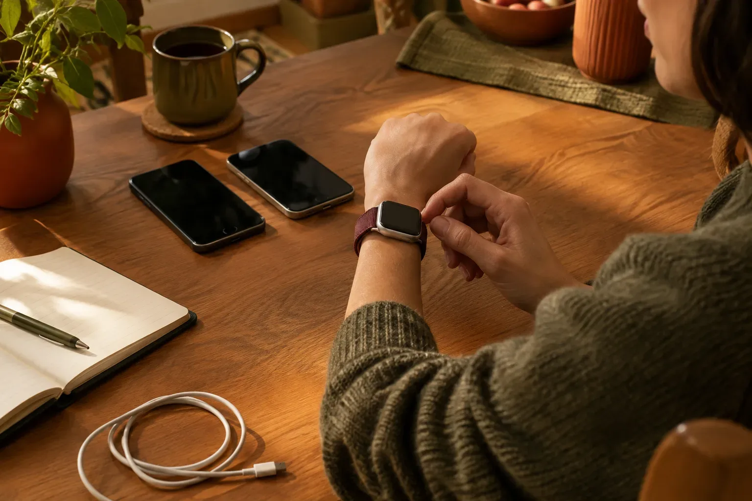 Apple Watchot viselő felhasználó két iPhone mellett készülékcserére készül otthon