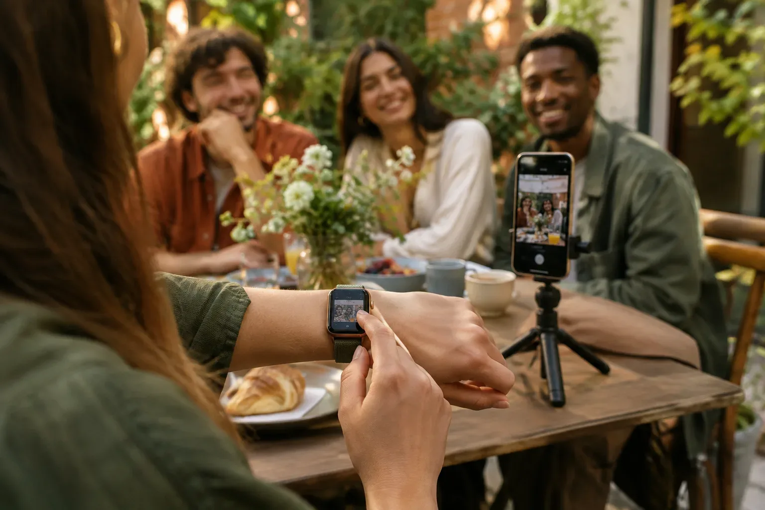 Egy nő az Apple Watchról vezérli az állványra tett iPhone kameráját baráti brunch közben.