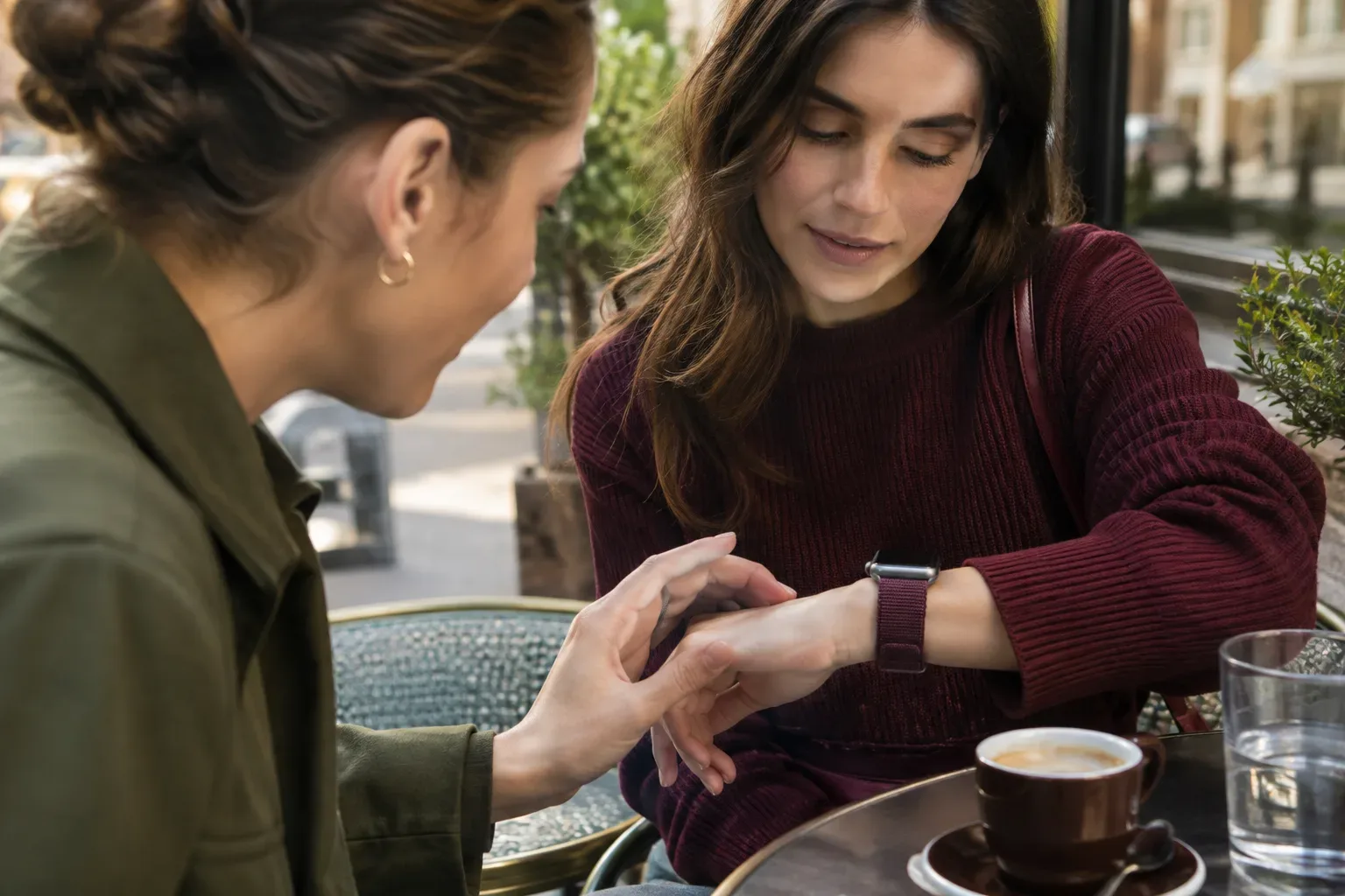 Használt Apple Watch finom kijelzőkarcát vizsgálják természetes fényben egy kávézó teraszán.