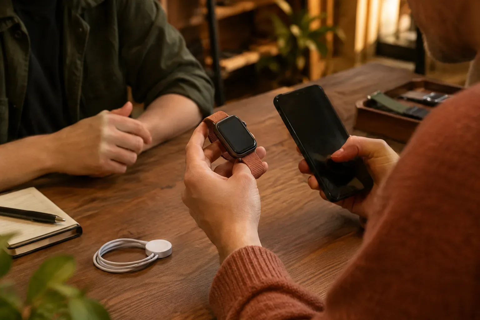 Vásárlás előtt egy régebbi Apple Watch állapotát és modelljét ellenőrzik egy kávézóban.