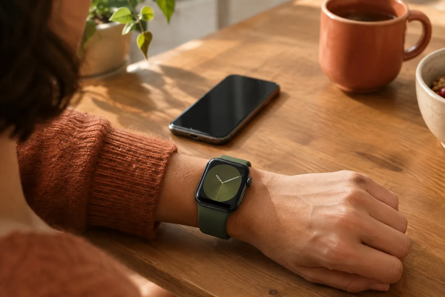 Olívazöld szíjas Apple Watchot viselő ember csuklója egy asztalon fekvő iPhone mellett
