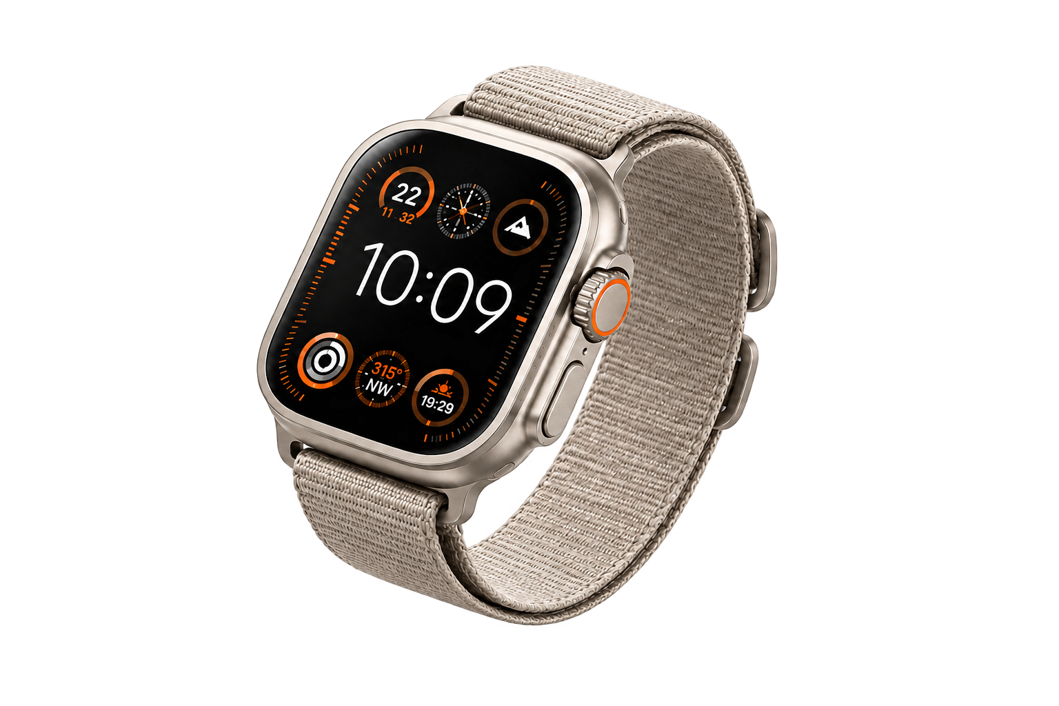 Világos szövet szíjas Apple Watch bekapcsolt kijelzővel