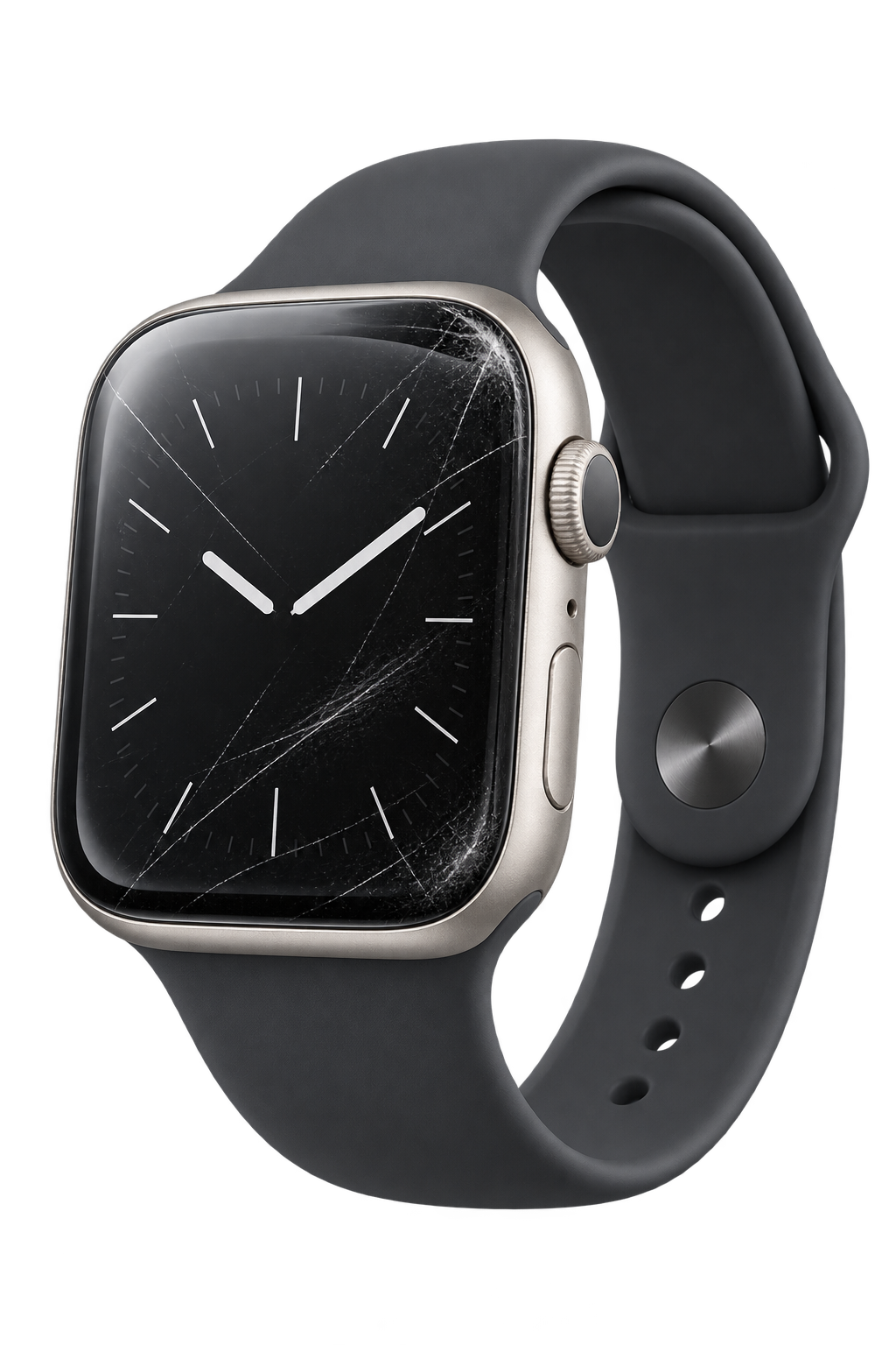 Világos ezüsttokos, karcos Apple Watch fekete sportpánttal, sötét háttér előtt
